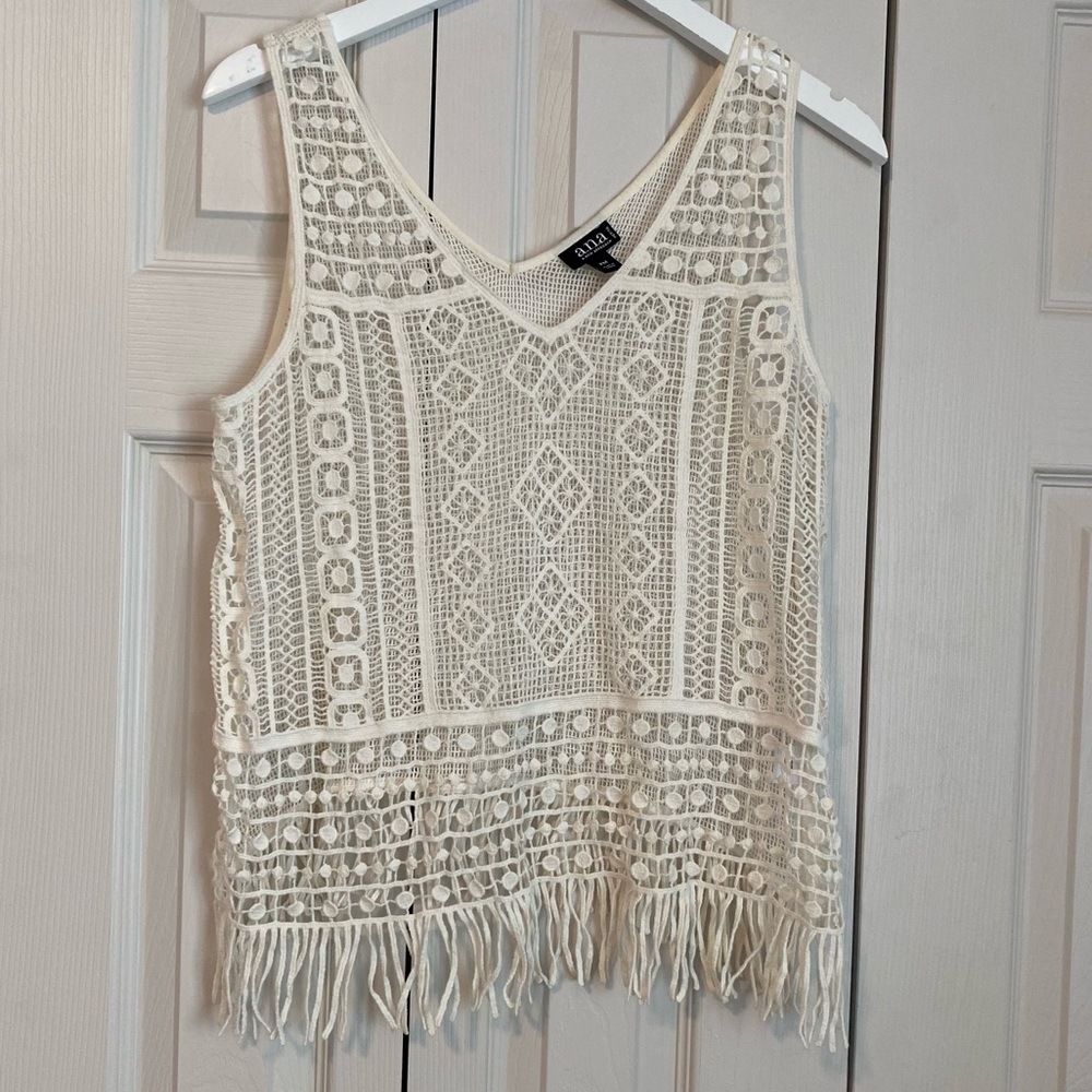 A.N.A. Crop Crochet Knit Fringe Festival Tank Top V Neck BOHO Sz Medium Petite